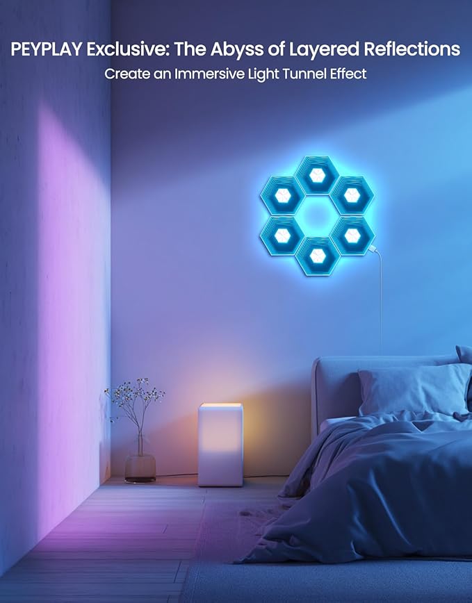 Hexagon Quantum Lights – Modular DIY Wall Panels, RGB+IC 16M Colors with Music Sync, APP & Remote Control, Immersive Lighting for Gaming Rooms, Home Decor, Parties and Gifts