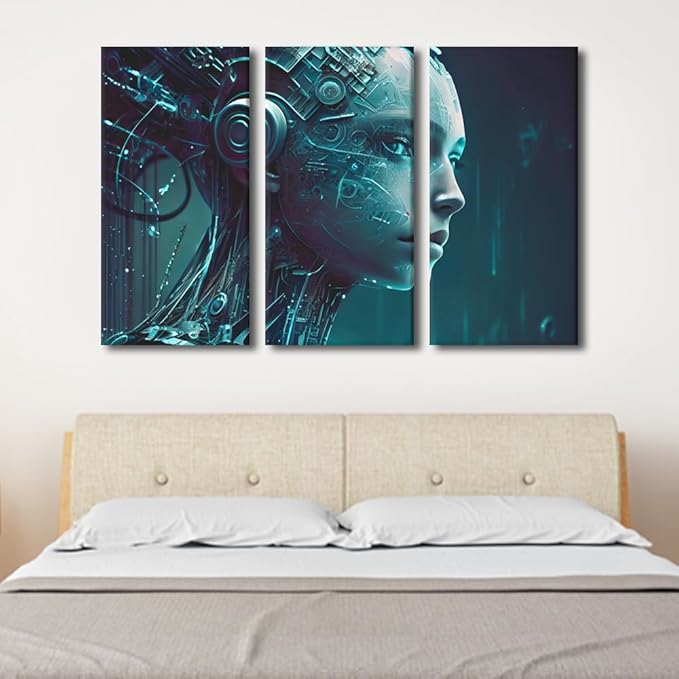 TUMOVO Wall Art for Living Room Artificial Intelligence Pictures Print on Canvas 3 Piece Cutting-Edge Technology Canvas Wall Decoration Giclee Artwork Wooden Framed Ready to Hang, 60" Wx40 H
