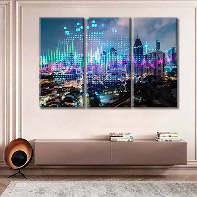 TUMOVO Stock Market Graph Hologram Night Panorama City View Pictures Wall Decor Living Room 3 Piece Artwork Contemporary Home Decor Posters and Prints Framed Ready to Hang (60" Wx40 H)