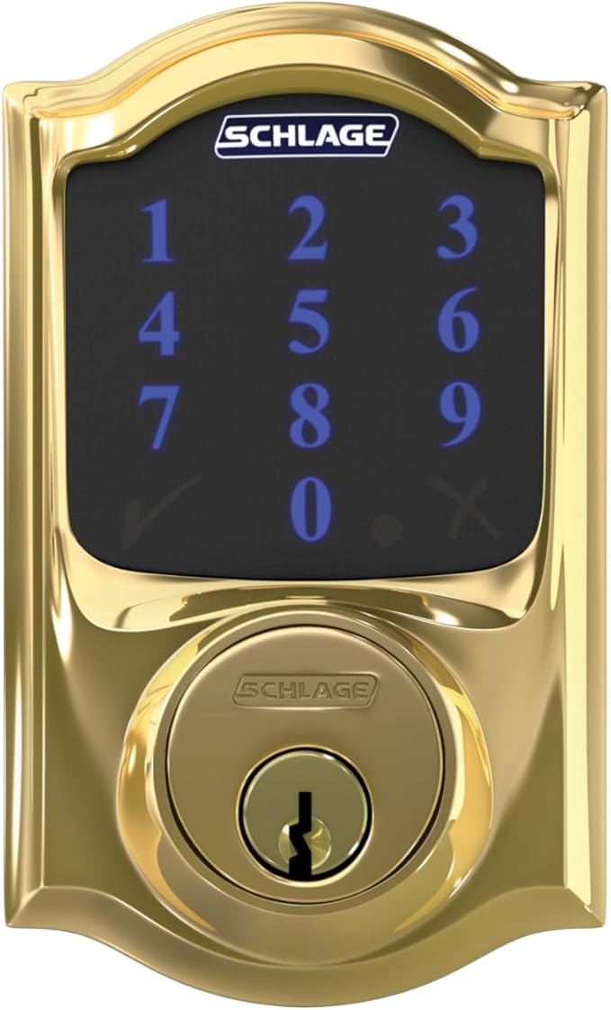SCHLAGE BE469ZP CAM 605 Connect Smart Deadbolt With Alarm Inbuilt Camelot Trim In Bright Brass