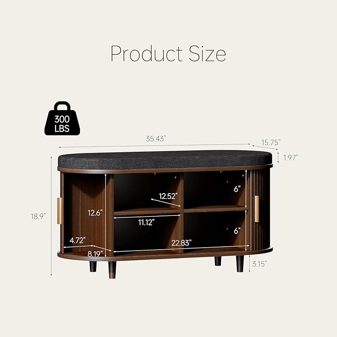 Entryway Bench with Storage: 35.4" Wooden Bedroom Shoe Bench with Thickened Padded Seat Cushion, Mid Century Modern Fluted Sliding Door and Adjustable Shelf, for Entryway, Living Room