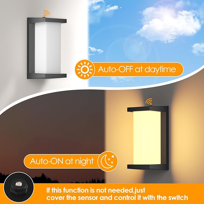 2 Pack Dusk to Dawn Outdoor Wall Lamp Porch Lights,3 Color Modern Exterior Lighting Fixtures,Outdoor Waterproof for Front Porch Light,LED Wall Mount Sensor Outside Lights for House,Garage,Yard
