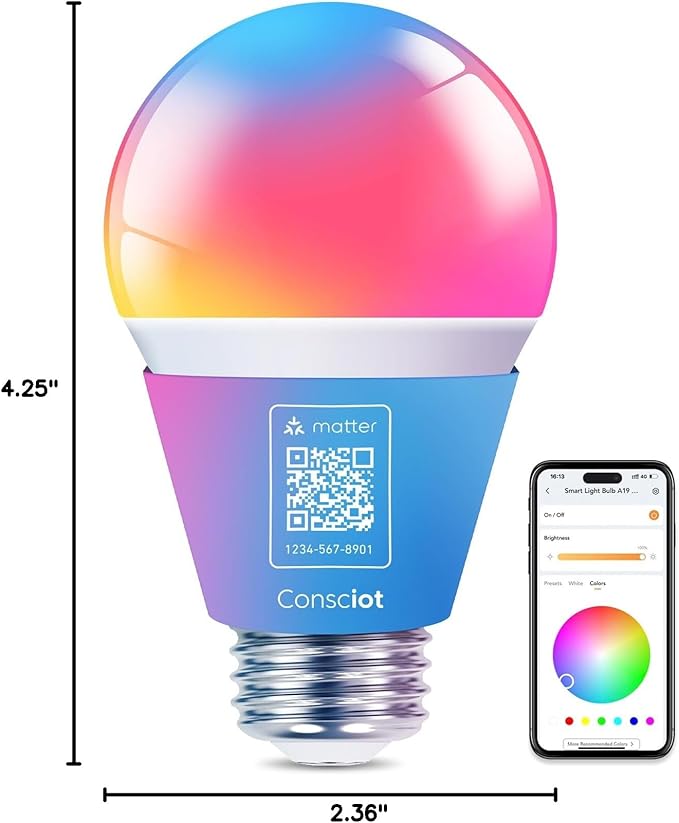 Consciot Smart Light Bulbs, WiFi Color Changing LED Light Bulb, A19 E26 RGBTW Light Bulbs That Works with Alexa/Google Home/Apple Home/Siri, Music Sync, 60W Equivalent Bluetooth Light Bulb, 3 Pack