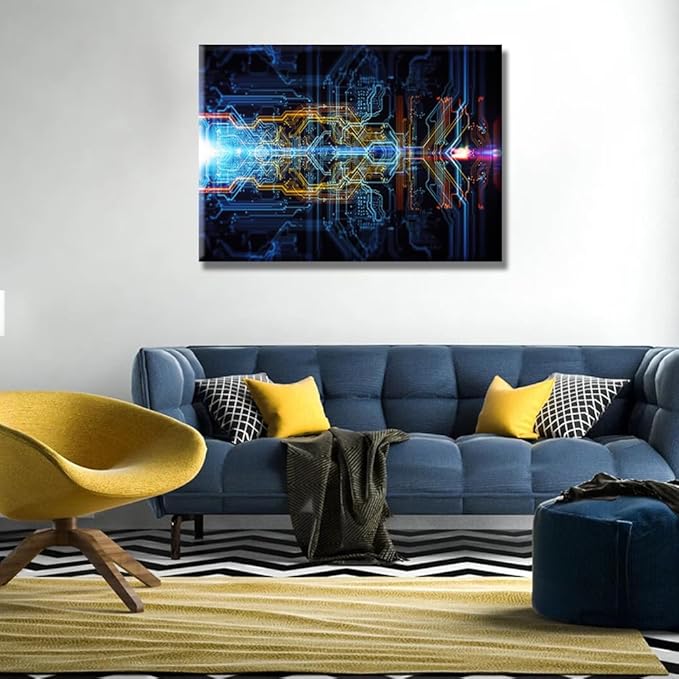 1 Panel Wall Decorations CPU Concept Wall Pictures for Living Room Computer Chip Canvas Wall Art Abstract Technological Background Picture Prints on Canvas Wall Art Framed Ready to Hang 20X28 INCH