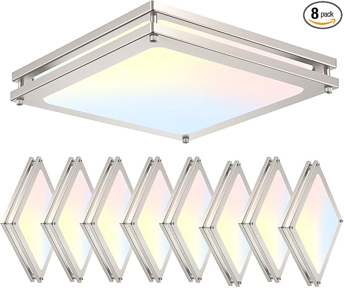 Square Ceiling Light Fixture - 36W 3000K/3500K/4000K/5000K/6000K Adjustable Flush Mount Led Light for Bathroom Bedroom Kitchen Hallway (8 Pack Brushed Nickel (5CCT), 12 Inch)