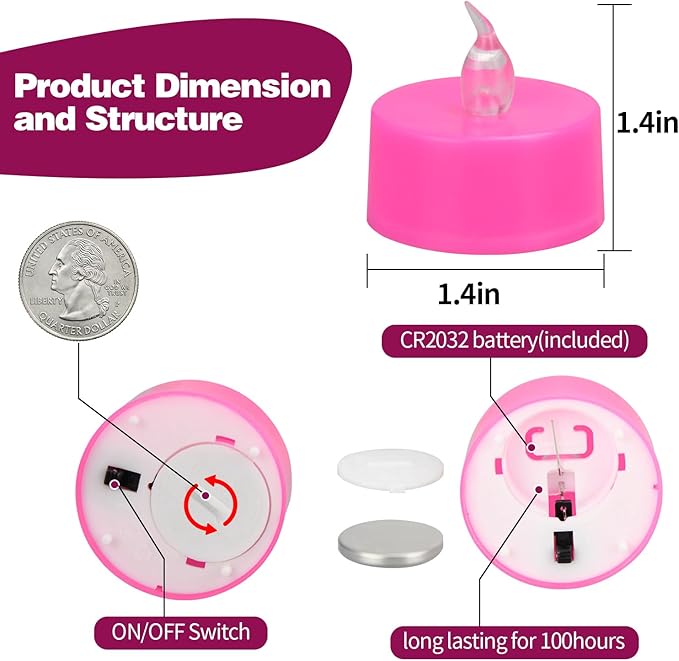 KOABY 12 Pack Pink Light Non-Flickering Flameless Tea Lights, Pink Base, Last 100H+, Battery Operated Tea Lights for Decor