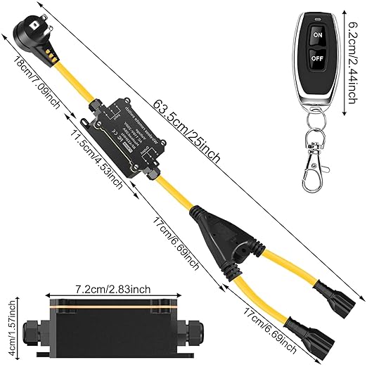 AC110V Outdoor Wireless Remote Control Power Switch, AC110V/120V/250V/20A Heavy Duty Weatherproof Smart Outlet Plug with 2-Way Y-Splitter,164FT Range for Lamps,Pumps,Dust Collectors