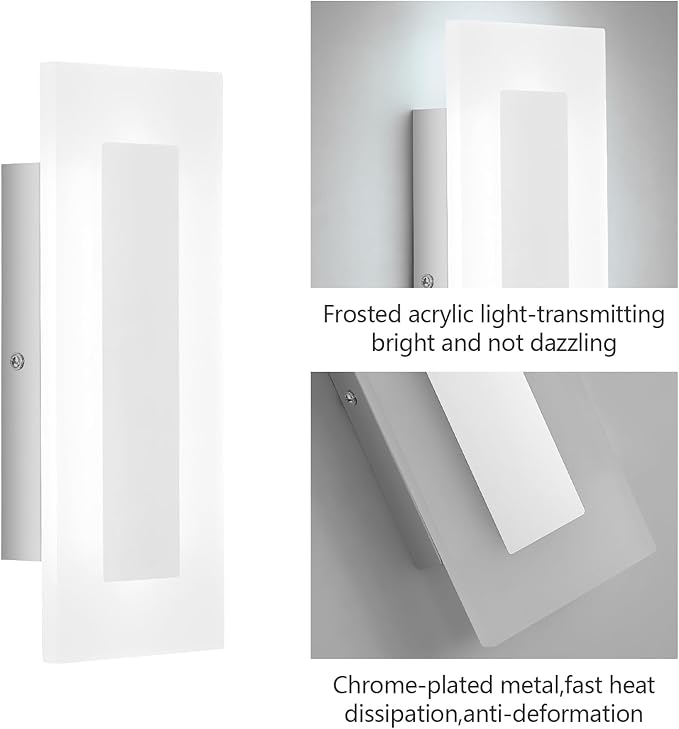 LMQNINE Modern Dimmable LED Wall Sconces Set of Two with 10%-100% Brightness Wall Light 9W 6000K Acrylic Chrome Wall Sconces Wall Lighting for Bedroom Living Room Hallway Staircase Corridor