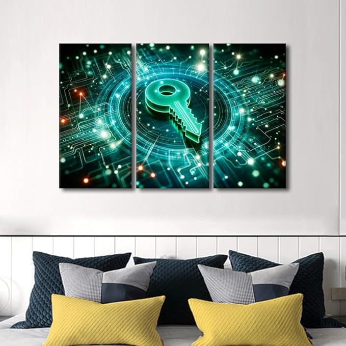 TUMOVO 3 Pieces Artificial Intelligence Wall Art Key Icon on Digital Circuit Board Background Pictures Print On Canvas for Living Room Bedroom Wall Decoration, Ready to Hang, 42" Wx28 H