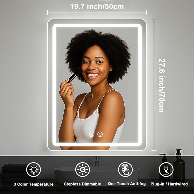 LED Bathroom Mirror, 20x28 in Vanity Mirrors with Backlit Lights for Shaving, Fogless Makeup Mirror Wall Mounted with Demister, Dimmable 3 Color Lighting, IP54, Vertically Only