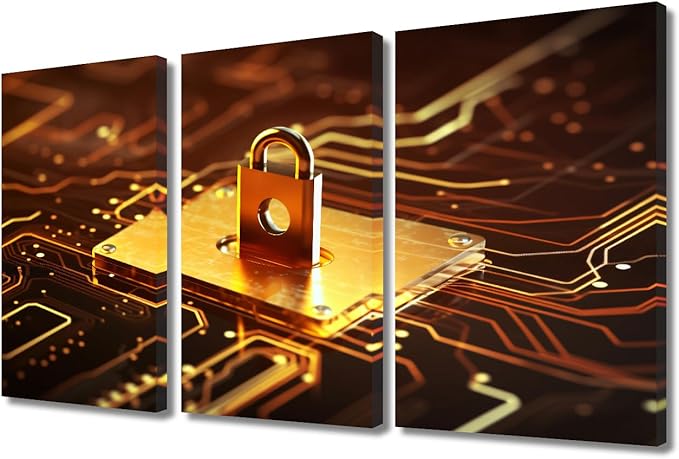 Framed Wall Art 3 Panel Canvas Wall Decor Cyber Security Concept Pictures Print on Canvas for Living Room Bedroom Decoration, Artificial Intelligence Artwork Ready to Hang, 36" Wx24 H