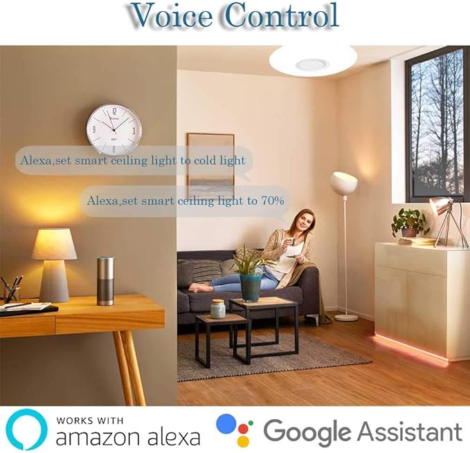 Upgrade WiFi Music Ceiling Light with Bluetooth Speaker and Remote Control, 15 inch Dimmable Ceiling lamp Compatible with Alexa and Google Home 36W RGB Family Party Lights for Bedroom Living Room