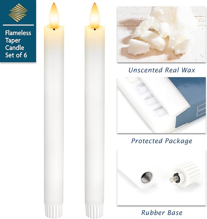 Real Wax Flameless Taper Candles with Remote Timer,Battery Operated LED Candles Set with 3D Flickering Flame,9.6" Realistic Dripless Candlesticks for Wedding Home Decor,6 Pack White