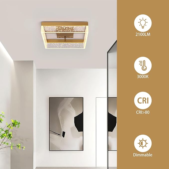 Qcyuui LED Ceiling Light Flush Mount 11.81in 20W Square LED Ceiling Lamp with Clear Bubble Acrylic Modern Led Ceiling Light for Kitchen Hallway Closet Living Room Bedroom, Gold, 3000K Dimmable