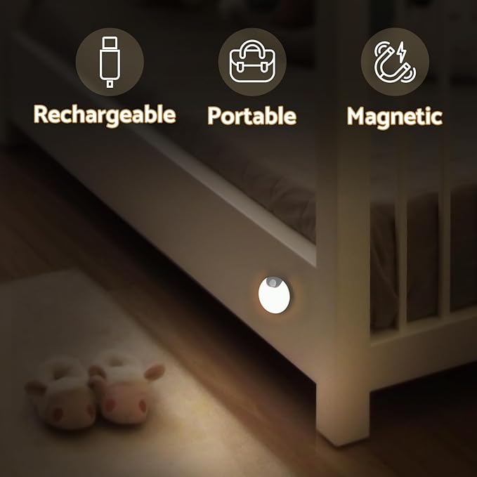 Rechargeable Night Light Motion Sensor Stair Lights Indoor Wireless, Battery Operated, Magnetic, Dimmable, for Stairway, Hall, Bathroom, 4-Pack