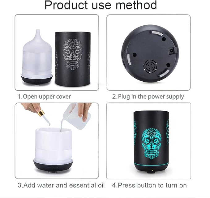 Skull Essential Oil Diffuser, 350ml Ultrasonic Cool Mist Humidifier, Aromatherapy Diffuser, Waterless Auto Off 7 Color Night Light, for Bedroom, Office, Living Room, Yoga
