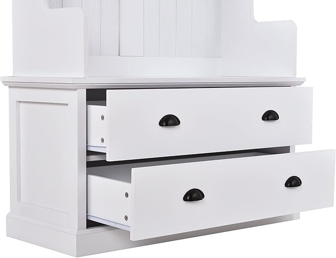 RUNNA Wooden 38.5" Wide Hall Tree with Coat Rack and 2 Large Drawers,Bench,5 Metal Hooks and Handles,For Livingroom Hallway Entryway Use (White@Drawers)