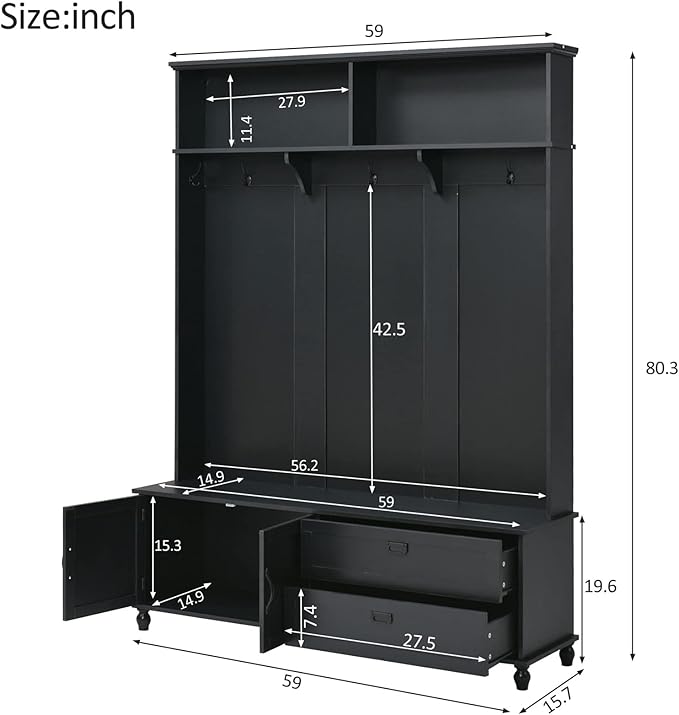 Widen Hall Tree with Bench and Shoe Storage, Modern Entryway Bench with Coat Rack, Cabinet, 2 Drawers and Shelves, Mudroom Bench with Storage and 5 Hooks for Entry Way, Hallway (Black)