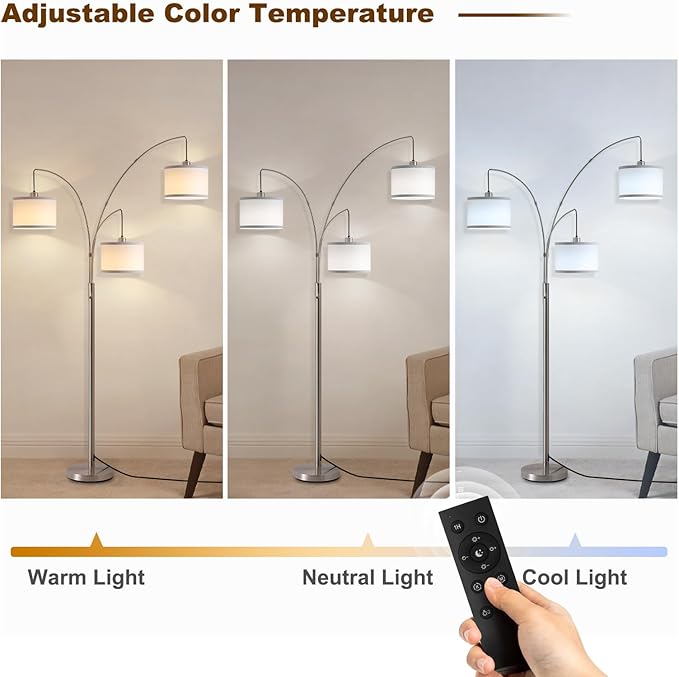Floor Lamps for Living Room, 2400LM Super Bright Arc Floor Lamp with Remote Control, 3 Light Tall Floor Lights with Stepless Dimmable, 80" Mid Century Tree Floor Lamp for Bedroom, Office