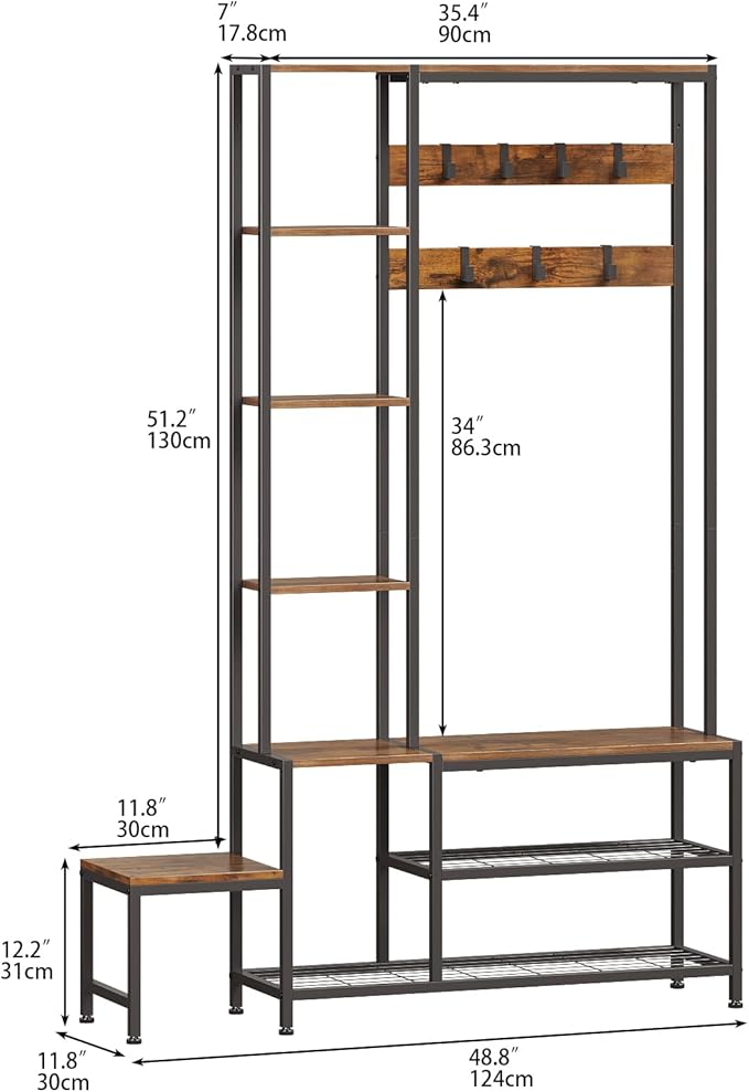 Hall Tree with Shoe Storage Bench Coat Rack with 7 Hooks Interchangeable 4 Tier Side Storage Shelves Small Cute Side Bench Industrial 5-in-1 Entryway Coat Rack for Hallway Mudroom Bedroom