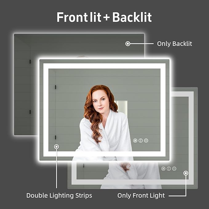 48"x 36" LED Bathroom Mirror with Lights, Double Lighting Sources Dimmable, Backlit + Front Lit, Anti-Fog, Lighted Bathroom Vanity Mirror for Wall(Horizontal/Vertical)