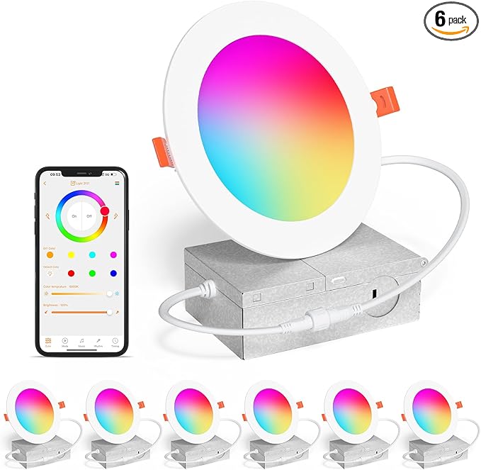 Smart Recessed Lighting 4 Inch RGBCW Color Changing 12W LED Downlight with Junction Box,1080 Lumen Recessed Ceiling Light Compatible with Alexa,Dimmable by Bluetooth Control -6Pack
