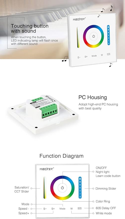 LGIDTECH P3 Wall-Mounted Full Touch Panel Controller for 3528 5050 2835 RGB RGBW RGB+CCT Dimmable Color Changing LED Strip Lighting DC 12-24V 10A 120W 240W.Support Voice and DMX512 Control