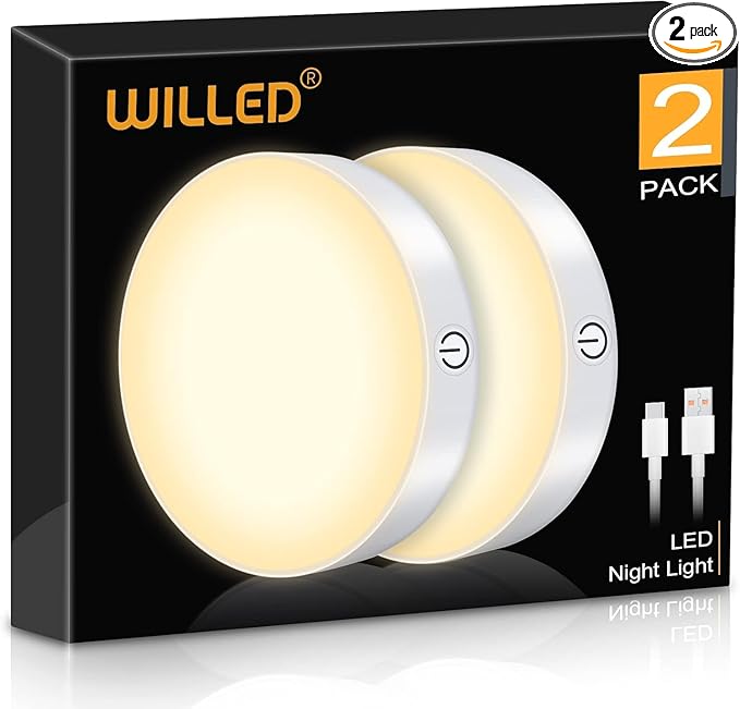 WILLED 3000K Dimmable Touch Lights, Battery Rechargeable Tap Lights, Magnet Stick on Closet Light, Portable LED Puck Night Lights for Cabinet, Wardrobe, Counter, Kitchen, Bedroom (2 Pack)