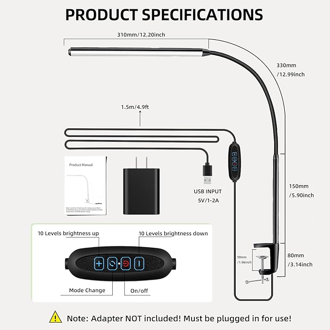 LED Desk Lamp with Clamp Clip on Reading Light Dimmable USB Small Clamp Lamp with 3 Color Modes 10 Brightness, Adjustable Flexible Gooseneck Workbench Light for Bed Headboard, Nail, Computer