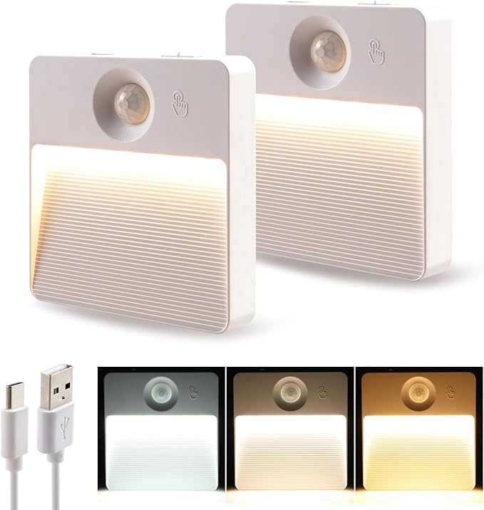 DAMI Rechargeable Motion Sensor Night Light Indoor, 2 Pack - Dimmable LED Closet Lights with 3 Color Temperatures, Magnetic Stick-On Wireless Under Cabinet Lighting for Hallway, Stairs, Kitchen