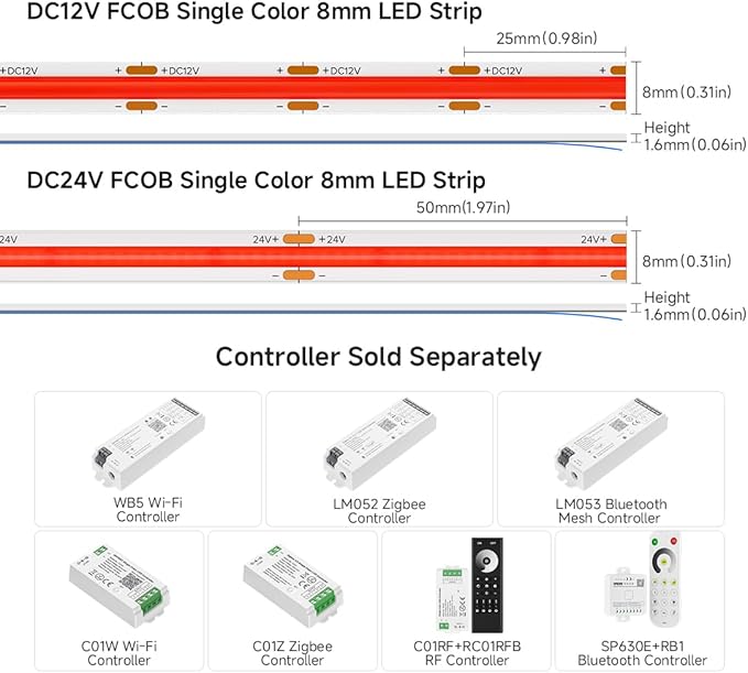 BTF-LIGHTING FCOB COB LED Strip Red Color 480LED/m 16.4FT DC24V Flexible High Density Uniform Light 8mm Width Bright Dimmable for Home Indoor Decor(No Adapter or Controller)