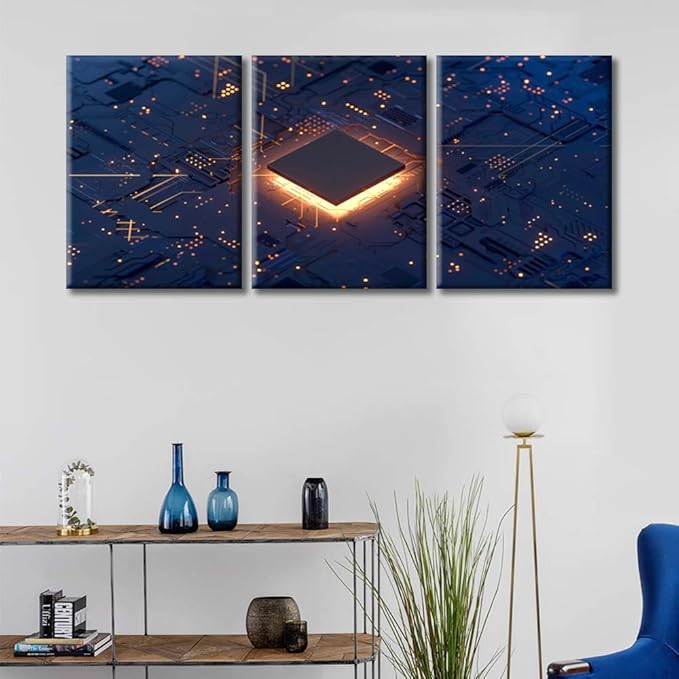 Circuit Board Canvas Paintings Wall Art 3 Pieces CPU Concept Posters and Prints Bedroom Decor Wall Art Computer Processors CPU Giclee Wooden Framed Gallery-Wrapped Ready to Hang (36" Wx16 H)