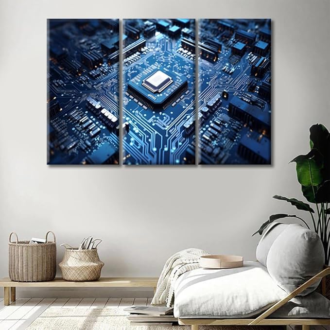 CPU Concept Wall Art Technology Blue AI Pictures Print On Canvas Circuit Board Modern Artwork 3 Panels Wall Art for Living Room Office Gallery Wrapped Posters Framed Ready to Hang, (42"Wx28"H)