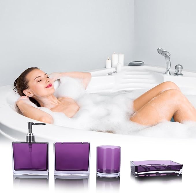4-Piece Classic Purple Acrylic Bathroom Accessory Set — Soap Dispenser, Toothbrush Holder, Soap Dish & Mouthwash Cup, Vanity Countertop Organizer for Purple Bathroom Decor