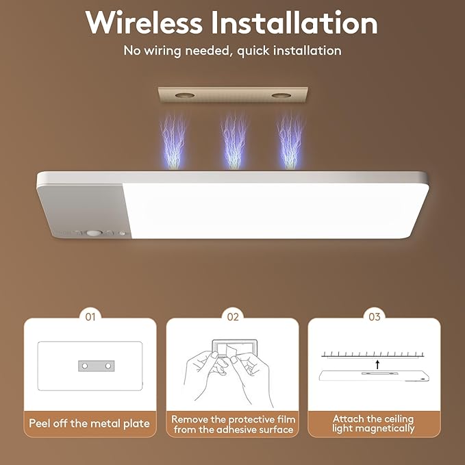 SNADER Rechargeable Motion Sensor Ceiling Light with Remote -12000mAh Battery Operated Ceiling Light Wireless - Motion Sensor Light Indoor for Closet, Bathroom, Garage, Stair, Hallway (2, 3 Colors)