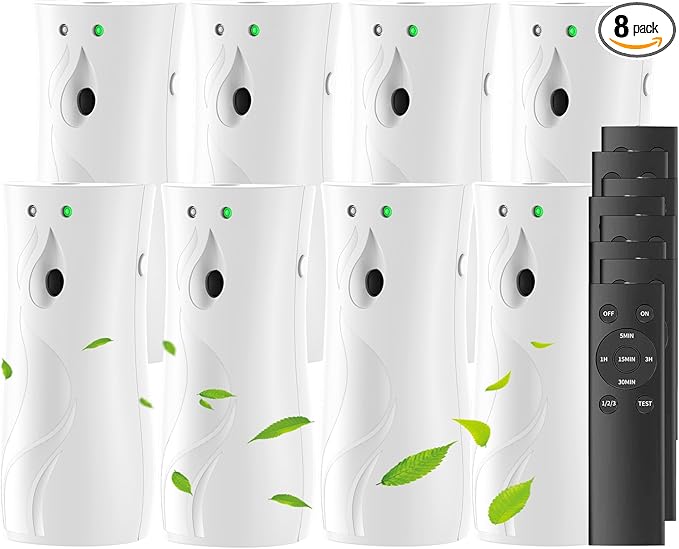 8-Pack Automatic Air Freshener Spray Dispenser with Remote Control,Wall Mounted/Free Standing for Commercial Use,Multiple Time Scent/Mist Release Settings for Room/Restroom (WHITE, standard)