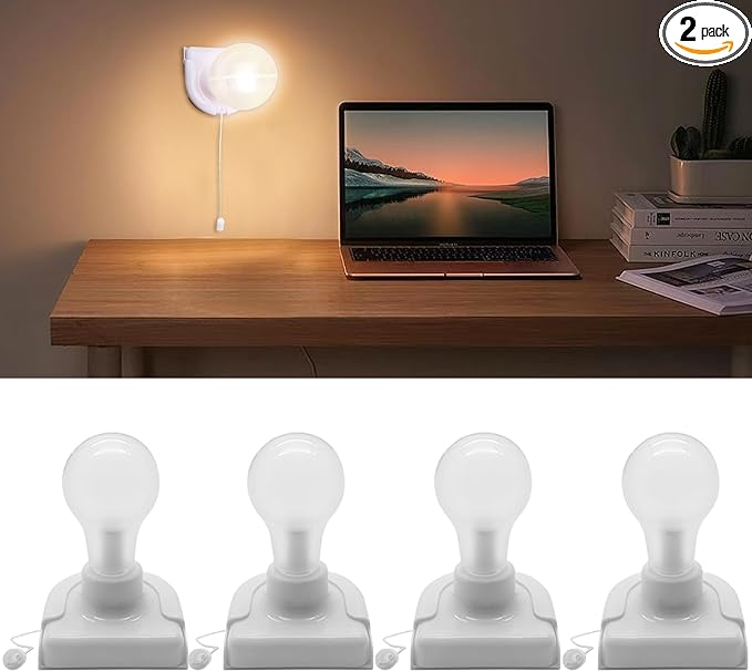 4 Pack Battery Operated Light Bulb, Stick-Up Battery Powered Wireless LED Closet Light Bulb, Self Adhesive Wall Light Fixture with Pull Chain for Cabinet Bedroom Kitchen, 3000K Warm White