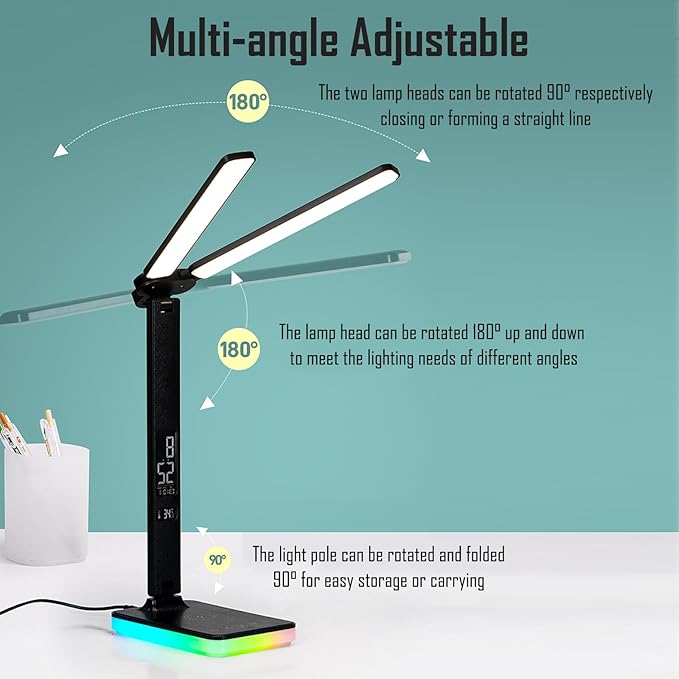 LED Desk Lamp with Wireless and Wired Charging, Foldable Table Light, 5 Brightness and 3 Lighting Modes, Time and Temperature Display, RGB Night Light, USB Powered (Double Head Black)