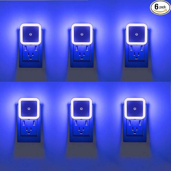 6 Pack Blue LED Night Light Plug in, Dusk to Dawn Sensor Automatic On and Off, Energy Efficient, Soft Glow Kids, Nursery, Bedroom, Bathroom, Hallway, Stairs, Kitchen