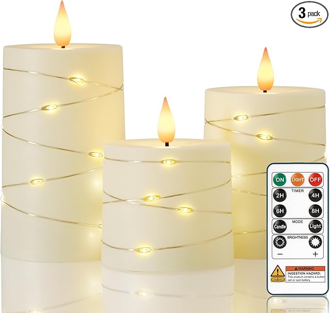Raycare Flameless Candles with Remote Timer, Flickering Battery Operated LED Pillar Fake Candle with String Lights for Home Decor, Christmas, Wedding and Gift, Ivory, Set of 3