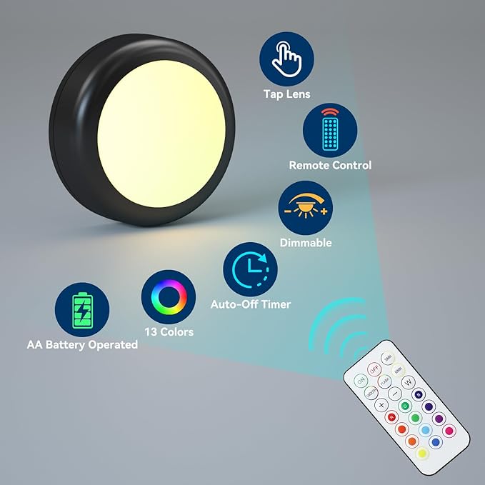 LED Puck Lights with Remote, 13-Color Under Cabinet Lighting Wireless, Battery Operated Stick-On Lights, Dimmable Push Light for Closet/Shelf/Wall (Black-6 Pack)