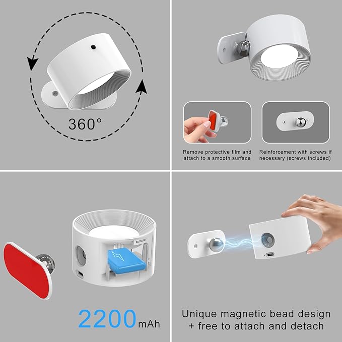 2PACK Romote LED Wall Sconce - Rechargeable Wall Light, 3 Colors & 3 Brightness Levels, 360? Magnetic Rotating Head, Bedside Reading Lamp, Easy Install Battery Operated Lamp White