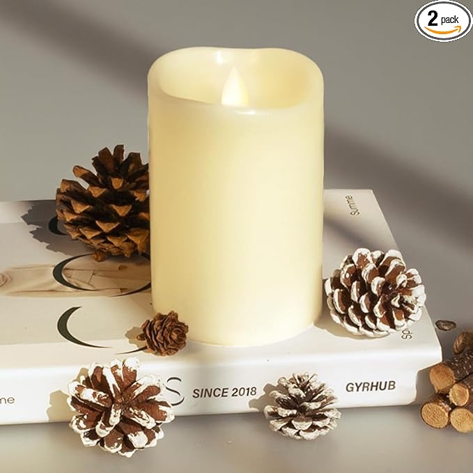 Flameless Candles Last 1300+ Hours Real Wax Flame Effect Auto-Moving 3D Wick, LED Pillar Candles with Timers Battery Operated - Ivory 6“6”