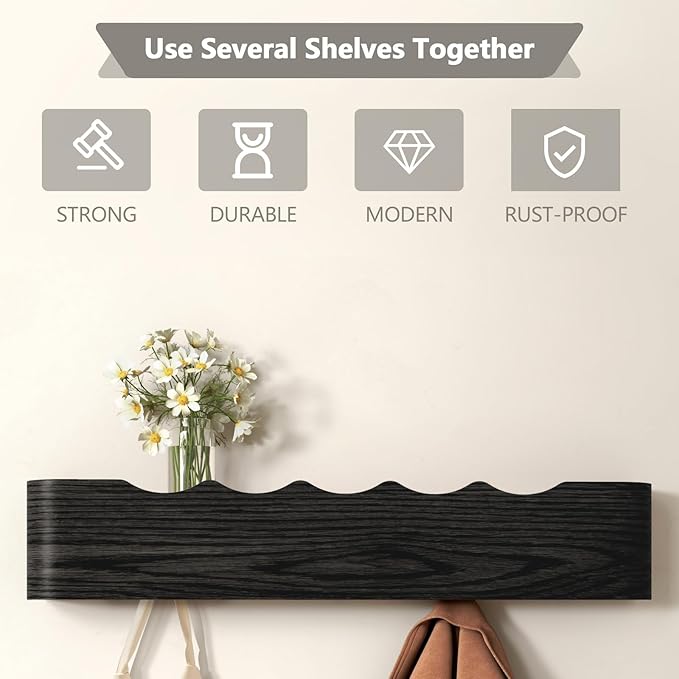 Coat Rack Wall Mount Entryway Organizer Modern Key Holder Wall Mount with Wooden Shelf Entryway Hooks for Bedroom Kitchen Hallway Bathroom for Hanging Coats Hats Dog Leashes Bags Towels
