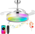 42 inch Retractable Ceiling Fan with Lights and Remote Control, 6Speed Dimmable Fandelier, Modern Smart Ceiling Fan Light with Bluetooth Speaker, RGB Color Reversible Bedroom Living Room