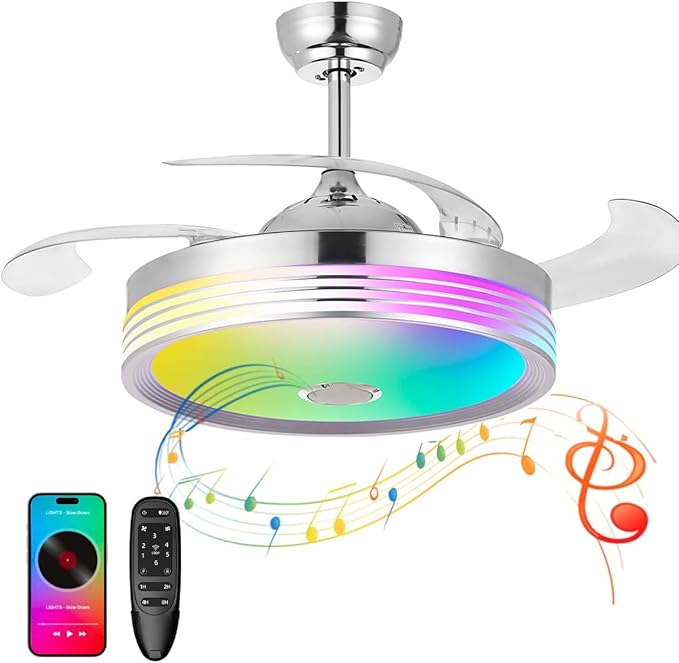 42 inch Retractable Ceiling Fan with Lights and Remote Control, 6Speed Dimmable Fandelier, Modern Smart Ceiling Fan Light with Bluetooth Speaker, RGB Color Reversible Bedroom Living Room