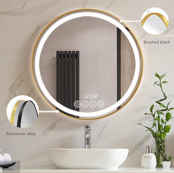 Wall-Mounted Round Bathroom Mirror with LED-Lights - Frame Vanity Mirrors (28" x 28", Gold)