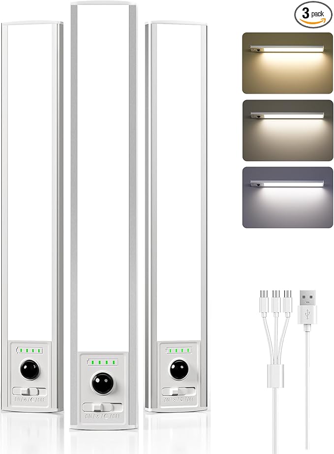 EZVALO 3 Pack Under Cabinet Lighting Wireless with Battery Indicator, 2000mAh Rechargeable Motion Sensor Light Indoor, 10inch 80 LED Under Counter Lights for Kitchen Closet, 3 Color Temps, Dimmable
