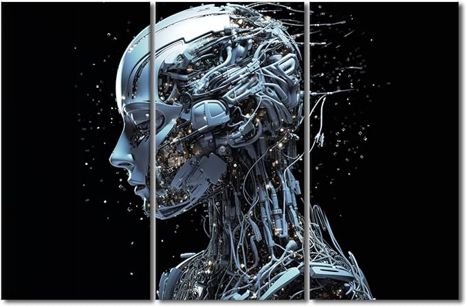 TUMOVO Wall Art for Living Room Female Robot Face Pictures Print on Canvas, Artificial Intelligence Wall Decor 3 Piece Modern Canvas Wall Decoration Giclee Artwork Giclee Ready to Hang, 60" Wx40 H