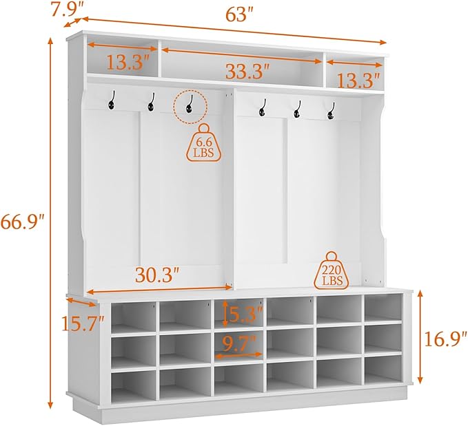 WOODTIME Extra Large Hall Tree with Bench and Shoe Storage, Multi-Purpose Entryway Bench with Coat Rack, Adjustable Shelves, 6 Double Hooks and 21 Open Compartments, White